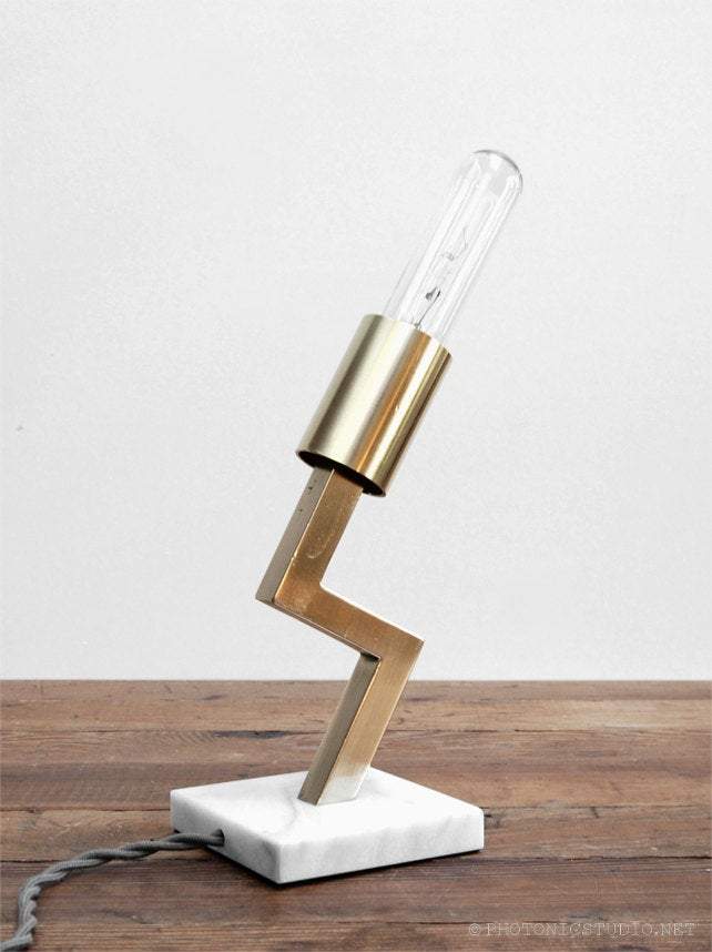 Modern Brass & White Marble "Gordon" Table Lamp by Photonic Studio. Original Unique Postmodern Design. 