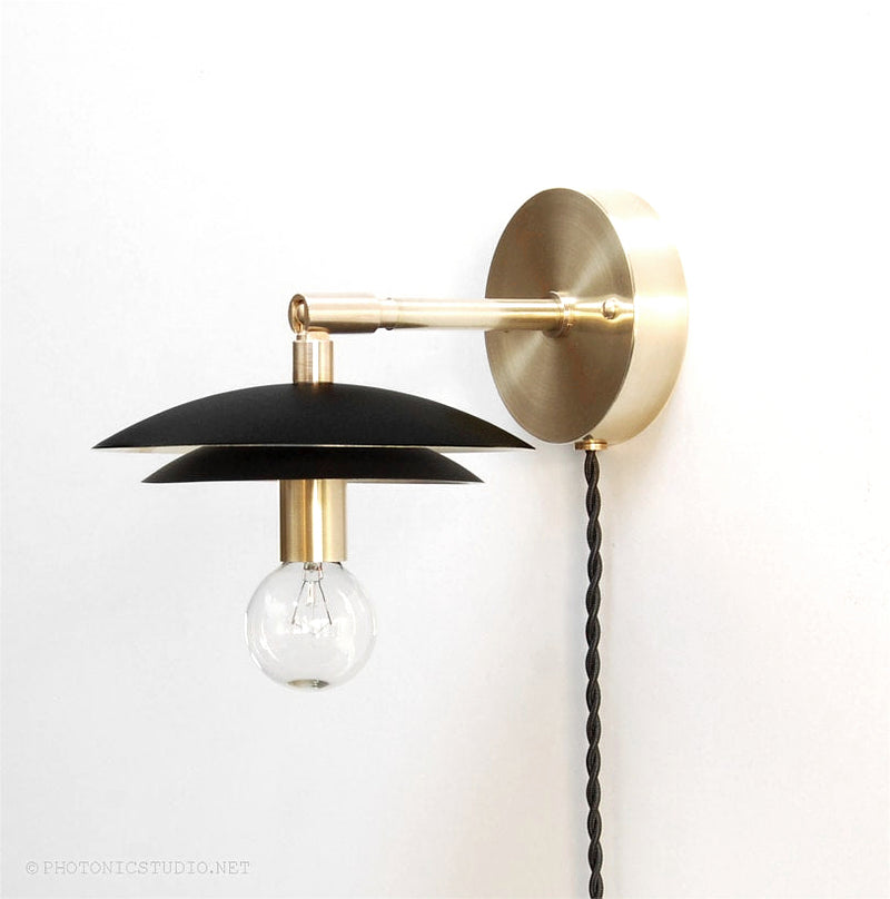 Mid Century Modern Brass & Black Wall Sconce. "Duo" by Photonic Studio. Adjustable Wall Light. 
