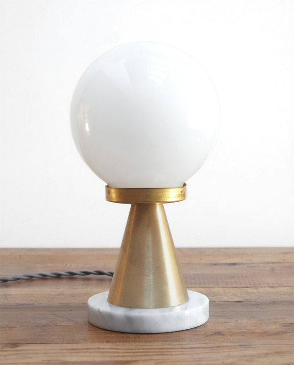 Modern White Marble & Brass "Memphis" Table Lamp by Photonic Studio.  Perfect for a range of decors from Mid-Century to Postmodern. 
