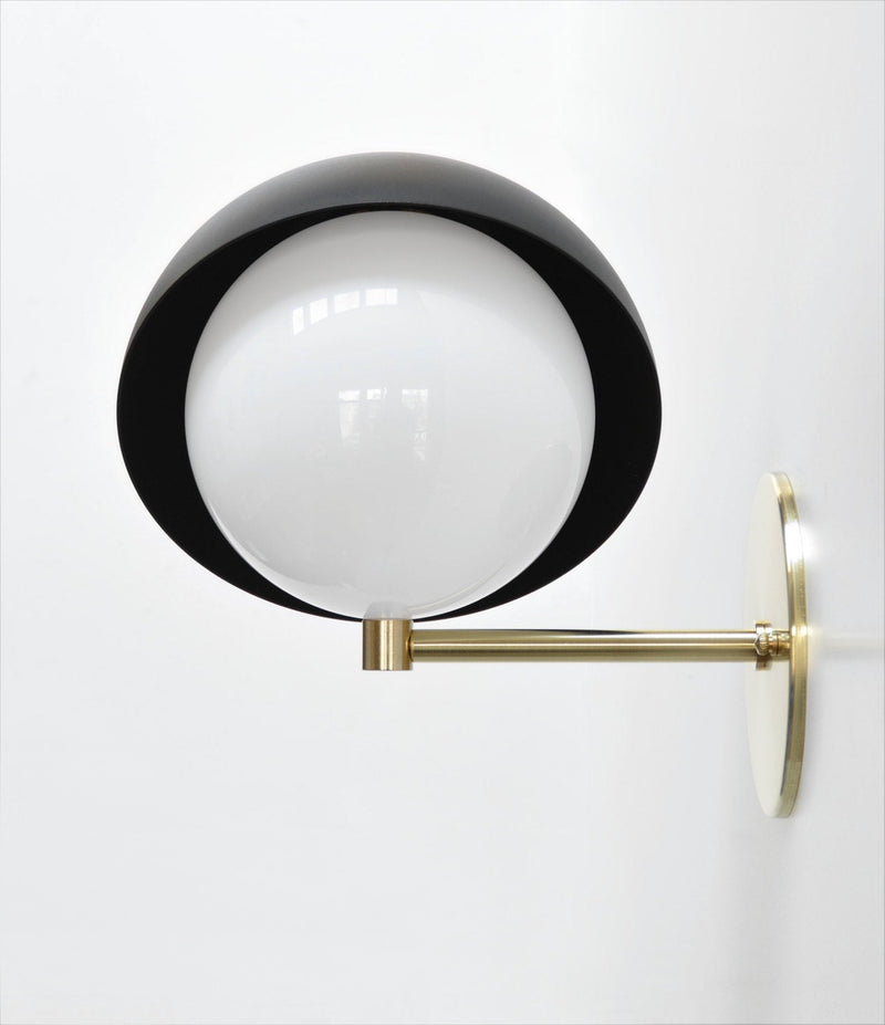 Modern Brass & Black Wall Sconce. "Saga" by Photonic Studio. Directional Wall Light With Opal Globe. Stunning as Bedside Lights. 