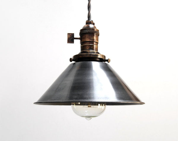 "H1" Hand Antiqued Brass & Steel Industrial Cone Pendant Light