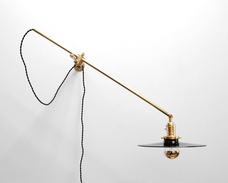 "Chicago" Elegant Adjustable Articulating Brass & Black Wall Mount Boom Lamp With Porcelain Enamel Flat Shade