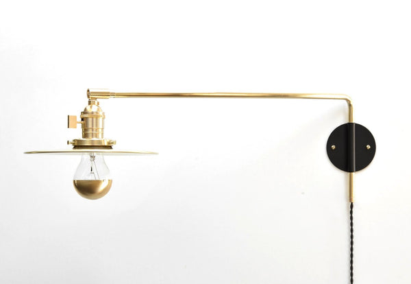 "Szabo" Modern Industrial Brass & Black Swing Arm Lamp with Brass Flat Shade