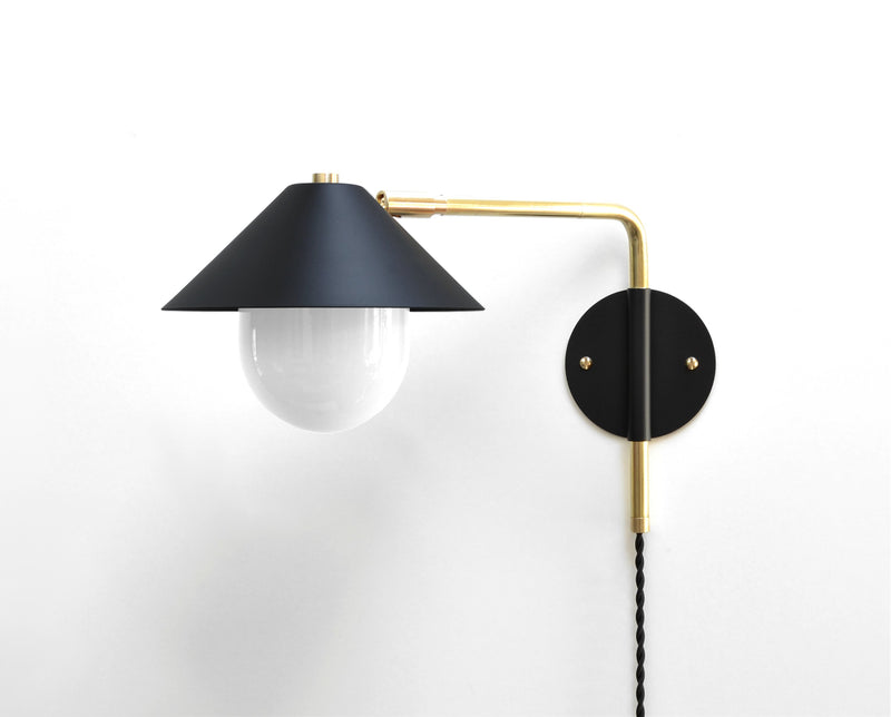 "UFO 180" Modern Brass & Black Swing Arm Sconce with White Glass Diffuser