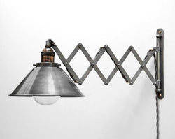 "X1" Scissor Lamp - Articulating Adjustable Industrial Swing Light - Hand Antiqued Steel & Brass
