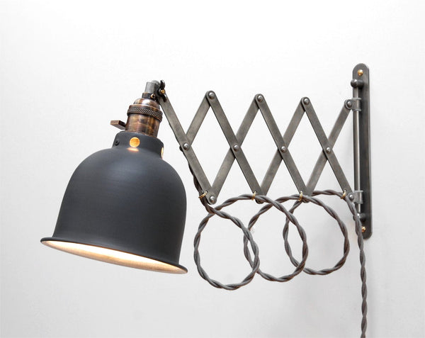 "X2" Scissor Lamp - Articulating Antiqued Industrial Swing Light with Grey Bell Shade